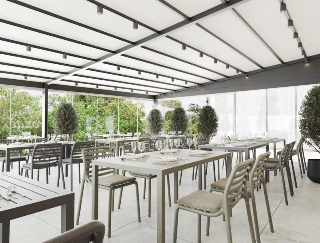 Covered outdoor dining with modern chairs and large windows