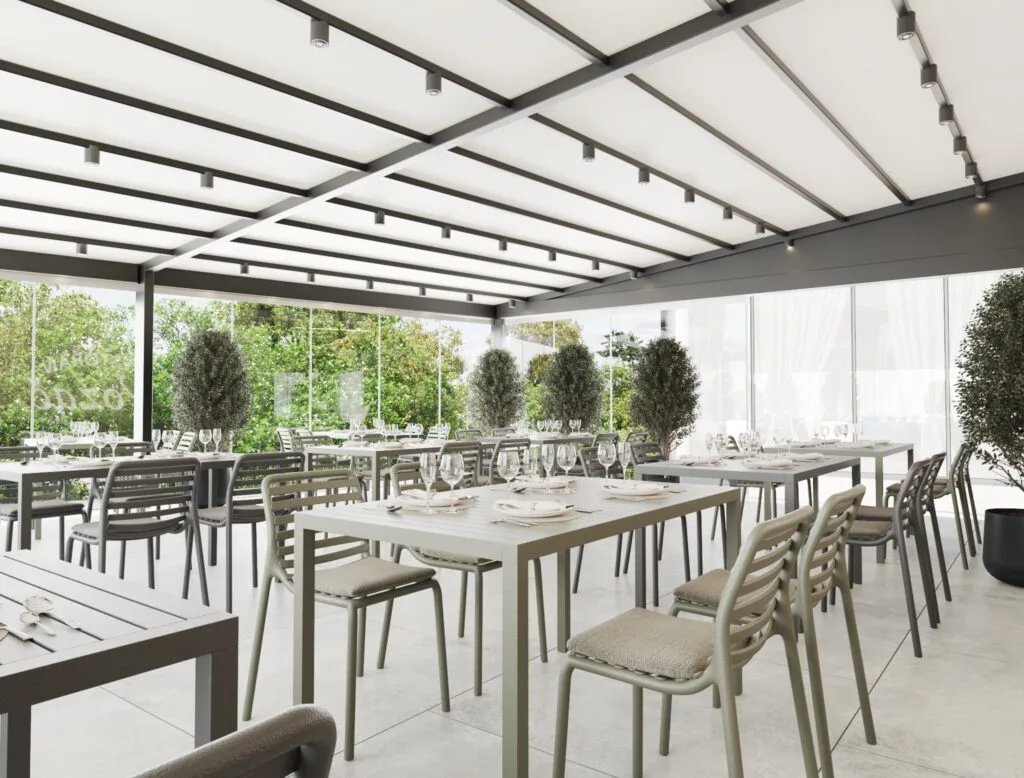 Covered outdoor dining with modern chairs and large windows