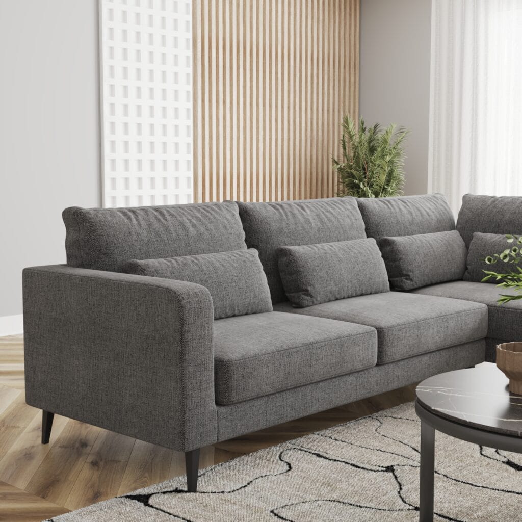 Dark grey sectional sofa with chaise in modern living room – Intervibe Studio lifestyle render