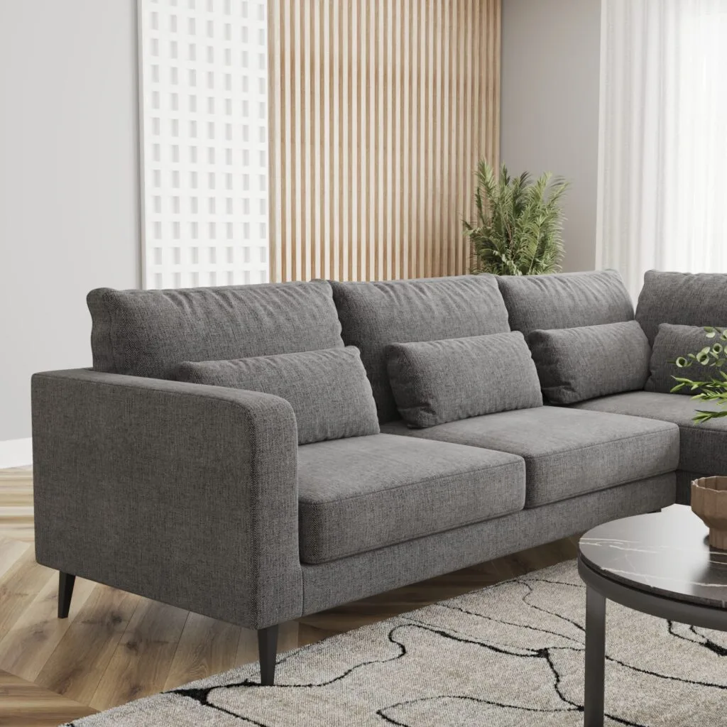 Dark grey sectional sofa with chaise in modern living room – Intervibe Studio lifestyle render