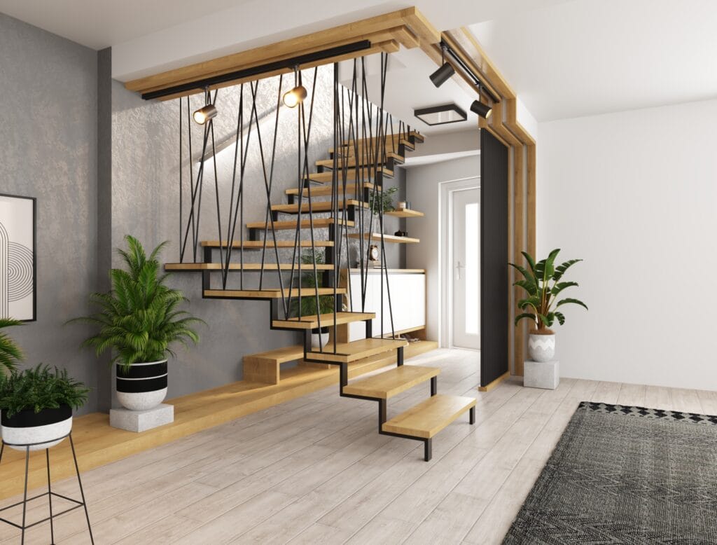 Designer staircase with floating wood steps and black railing