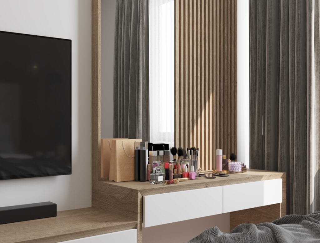Close-up of vanity table with cosmetics in modern bedroom – Intervibe Studio