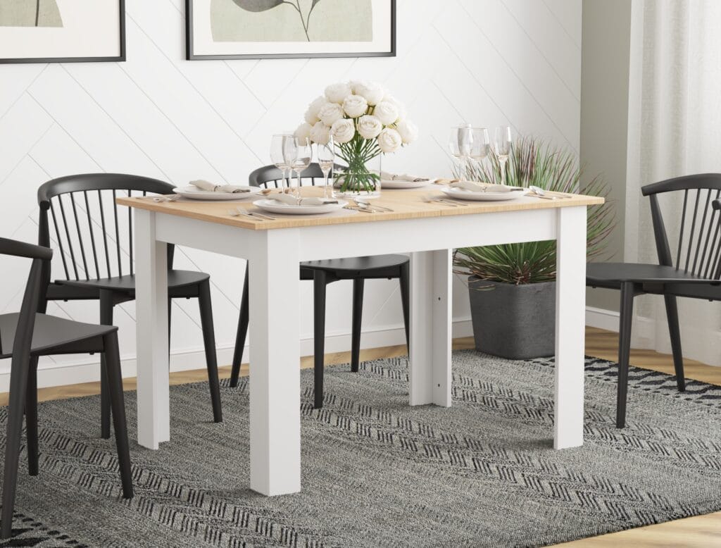 Dining room with wooden table and white legs – photorealistic 3D rendering