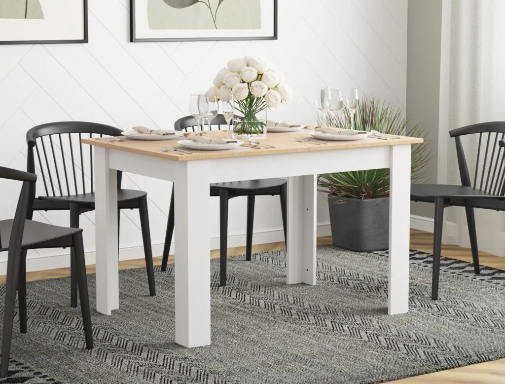 Dining room with wooden table and white legs – photorealistic 3D rendering