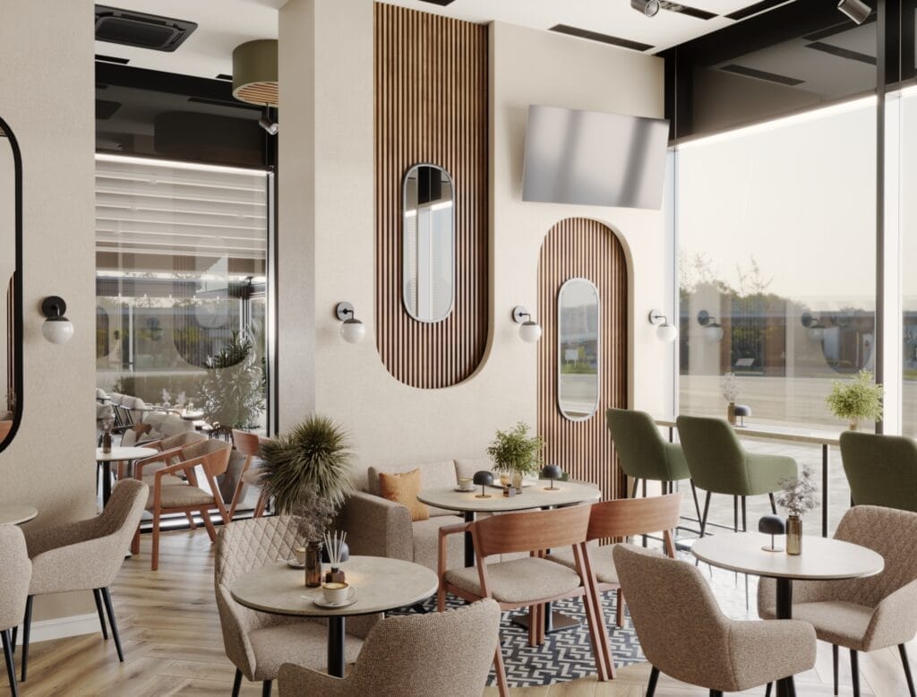 Modern café interior design with round tables, beige chairs, and decorative wall mirrors