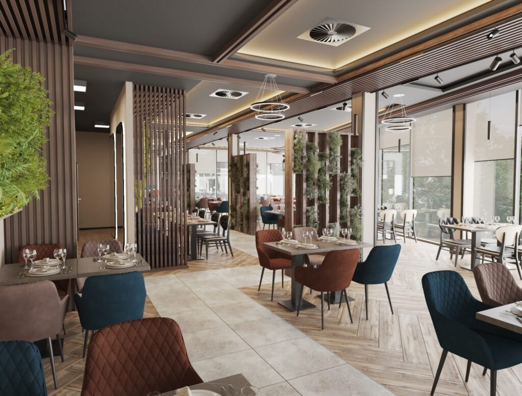 Restaurant interior with panoramic windows and wooden flooring