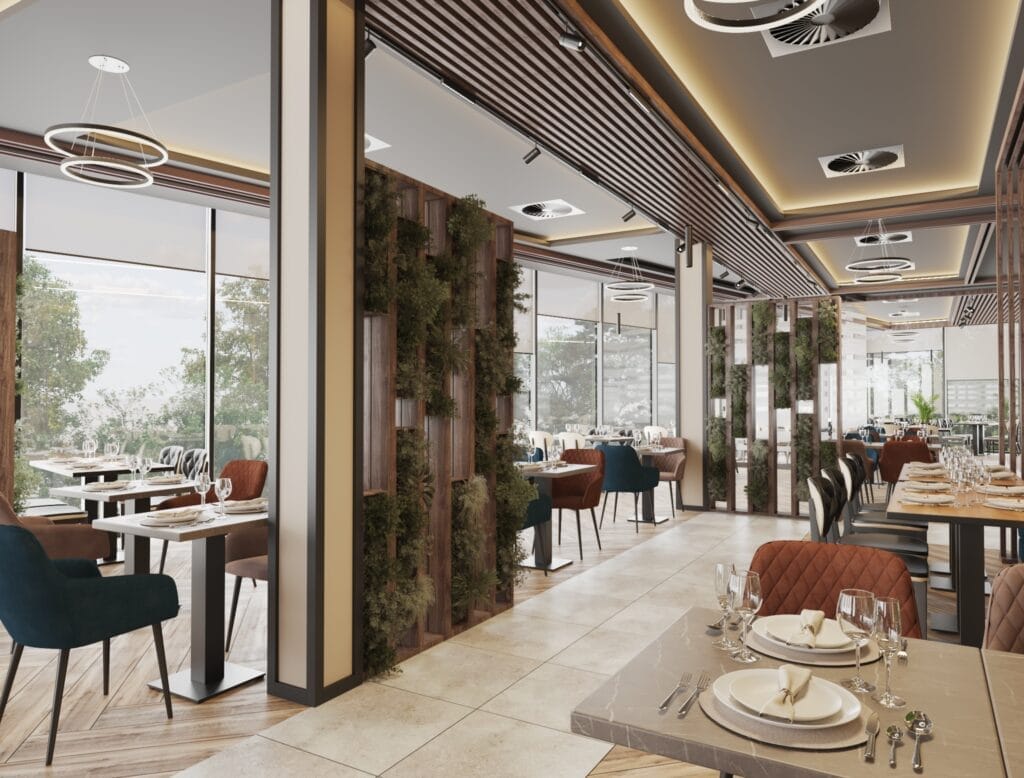 Modern restaurant interior design with natural light and wooden wall details