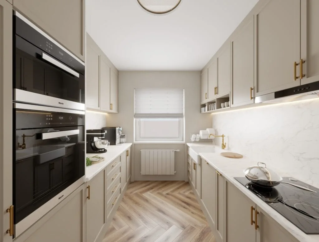 Compact kitchen design with oven column and window view – Intervibe Studio