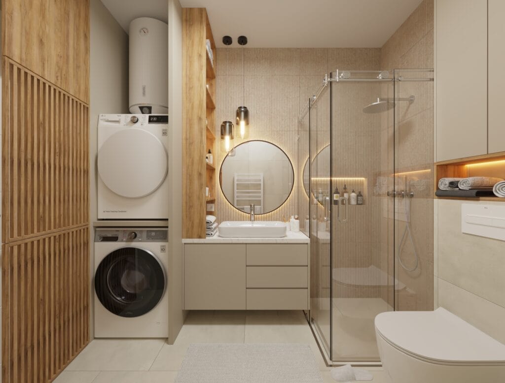 Bathroom with washing machine and dryer, shower cabin, and vanity – Intervibe Studio