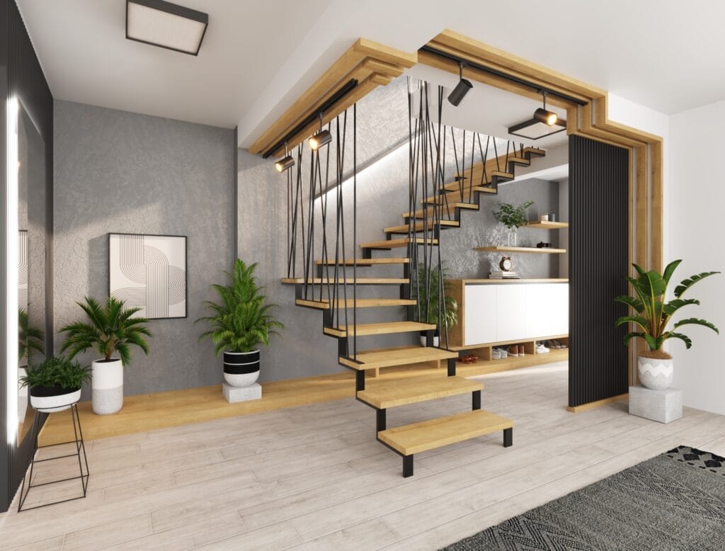 Elegant floating staircase with wood steps and rope railing