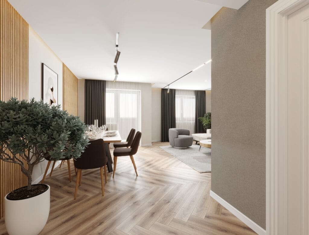 Open-plan dining and living area with wood flooring and large windows – Intervibe Studio