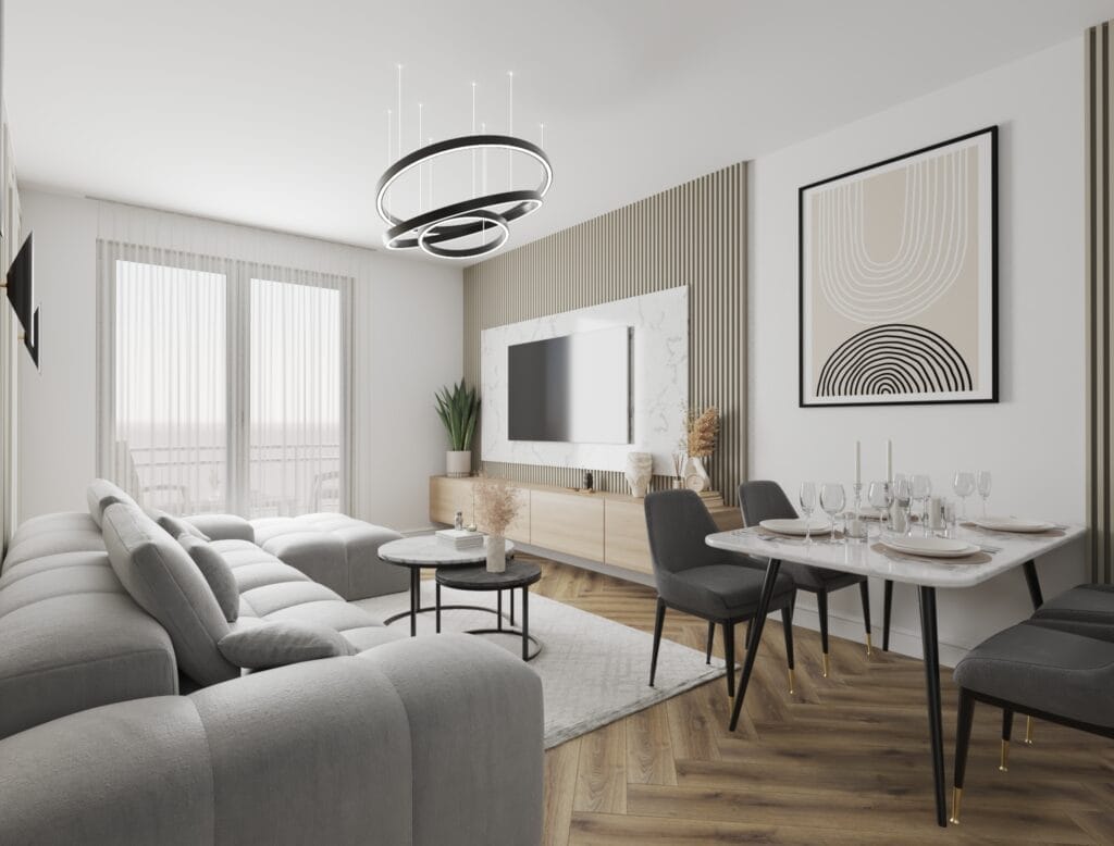Modern open-concept living room and dining visualization – Intervibe Studio
