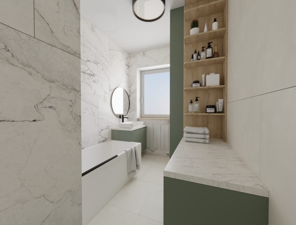 Elegant bathroom with shelving, bathtub, and round mirror – Intervibe Studio