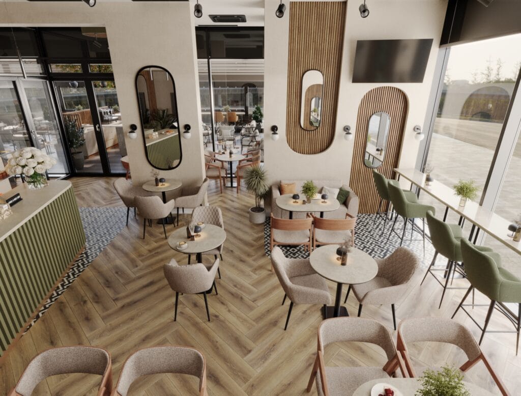 Elevated view of a modern café seating area with panoramic windows and green bar stools