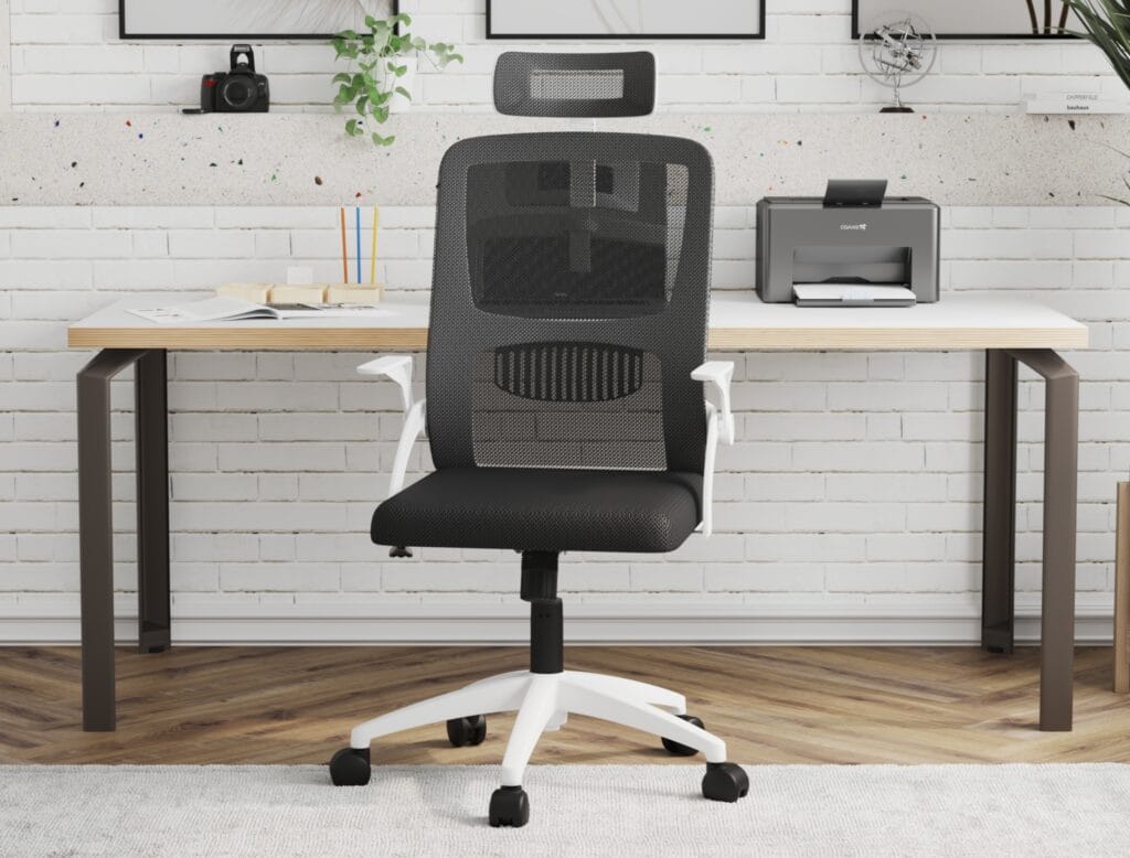 Ergonomic office chair with mesh back in bright modern workspace – Intervibe Studio render