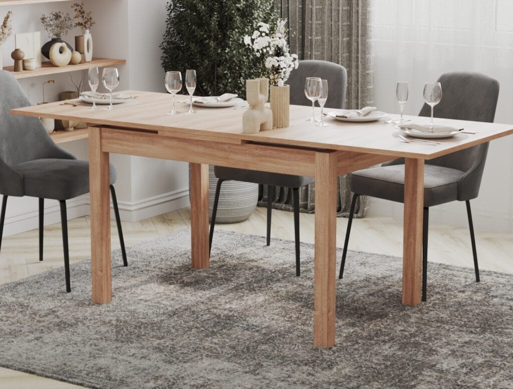 Extendable wooden dining table in modern interior – 3D render