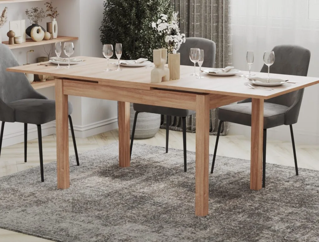 Extendable wooden dining table in modern interior – 3D render