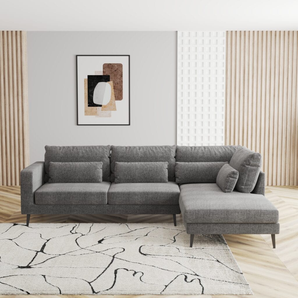 Front view of dark grey sofa with chaise in contemporary interior – 3D furniture visualization