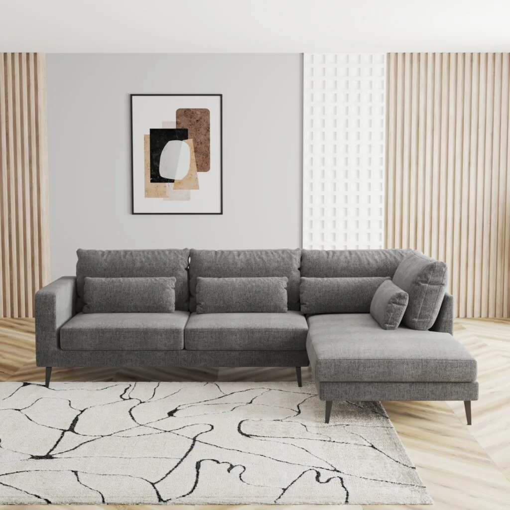Front view of dark grey sofa with chaise in contemporary interior – 3D furniture visualization