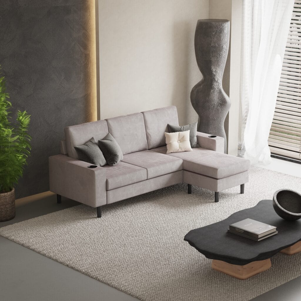 Gray sectional sofa with decor in living room
