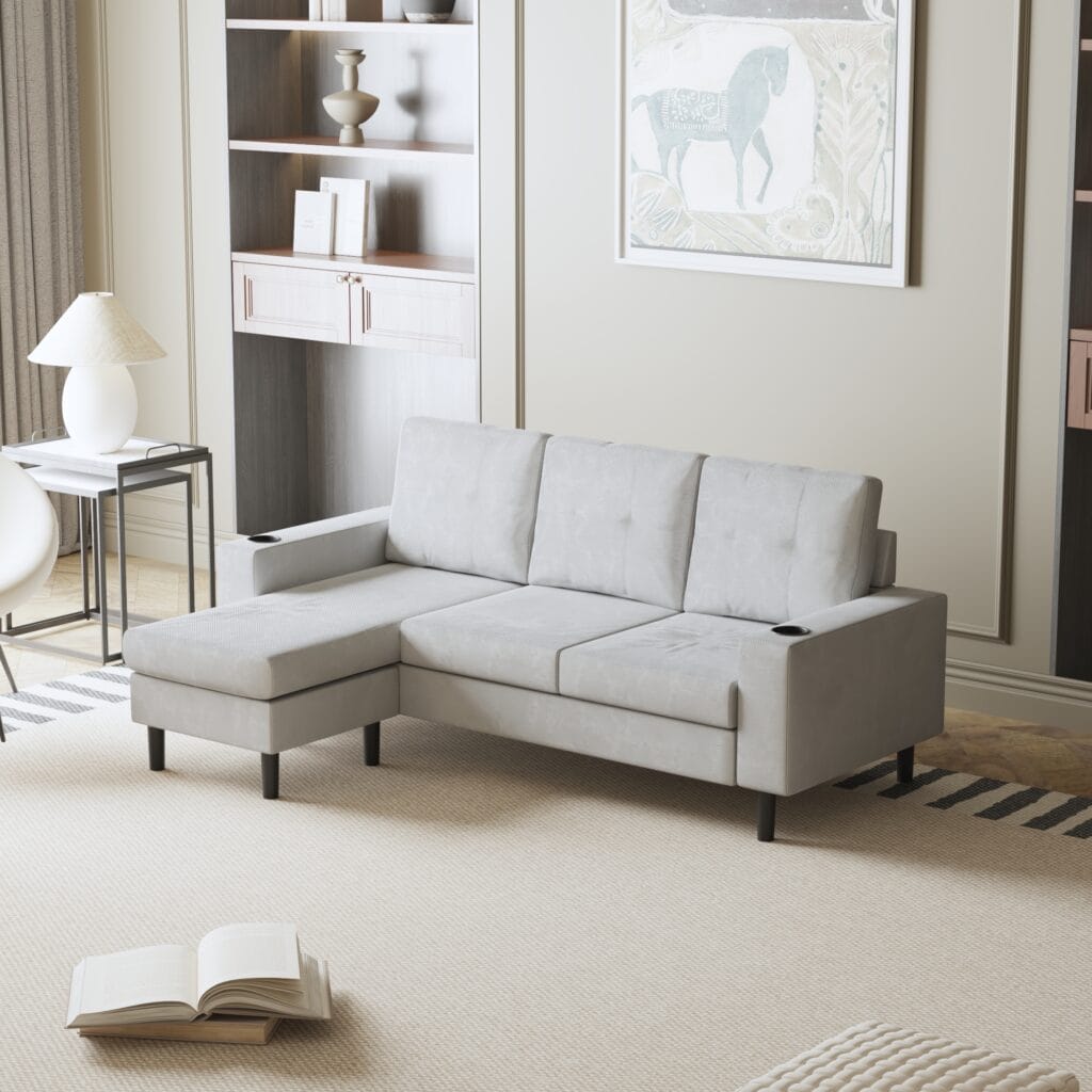Gray sofa with chaise lounge in styled living room