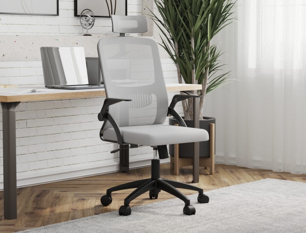 Grey mesh ergonomic computer chair in modern office interior – Intervibe Studio render
