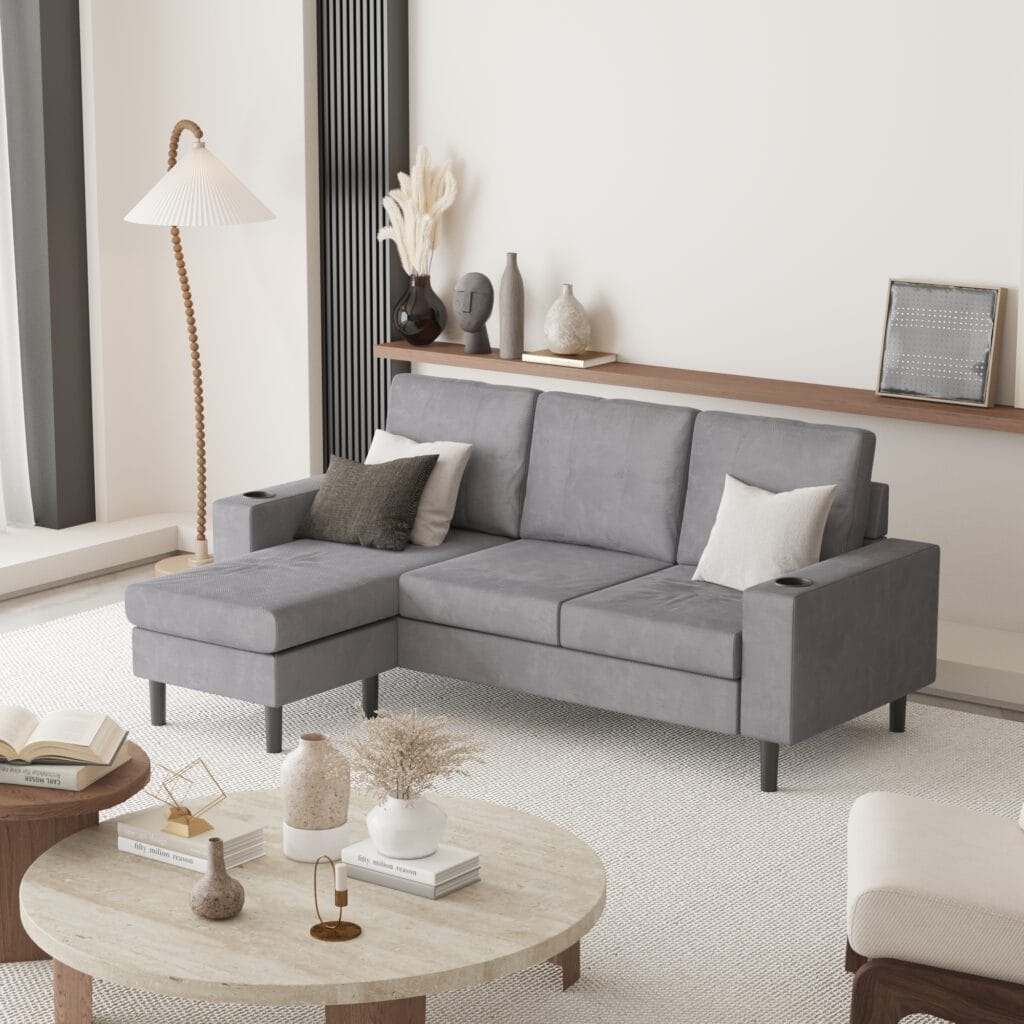 Grey sectional sofa with chaise in contemporary living room – Intervibe Studio furniture visualization