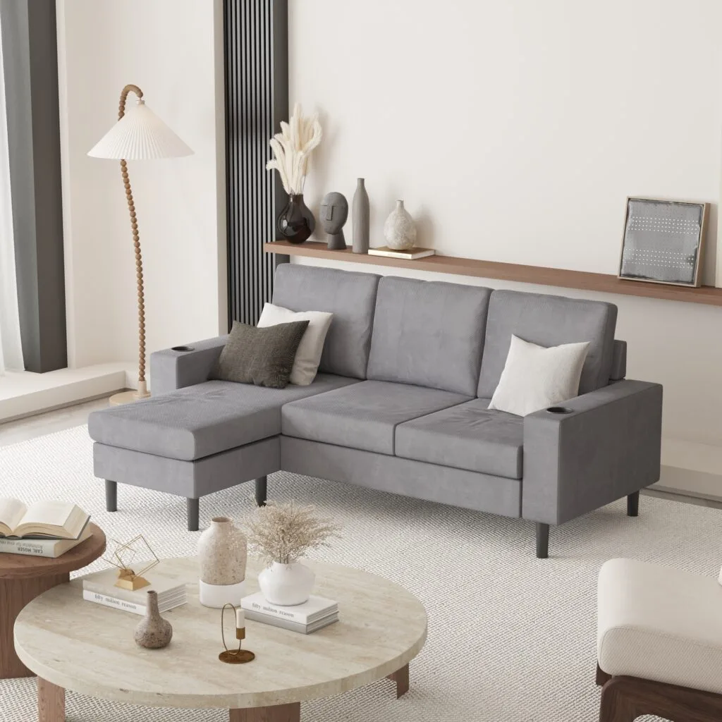 Grey sectional sofa with chaise in contemporary living room – Intervibe Studio furniture visualization