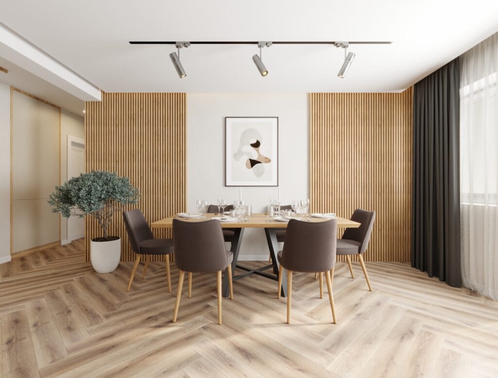 High-quality 3D render of a built-in TV wall with shelving, subtle ambient lighting and textured finishes. Professional interior visualization by Intervibe Studio.