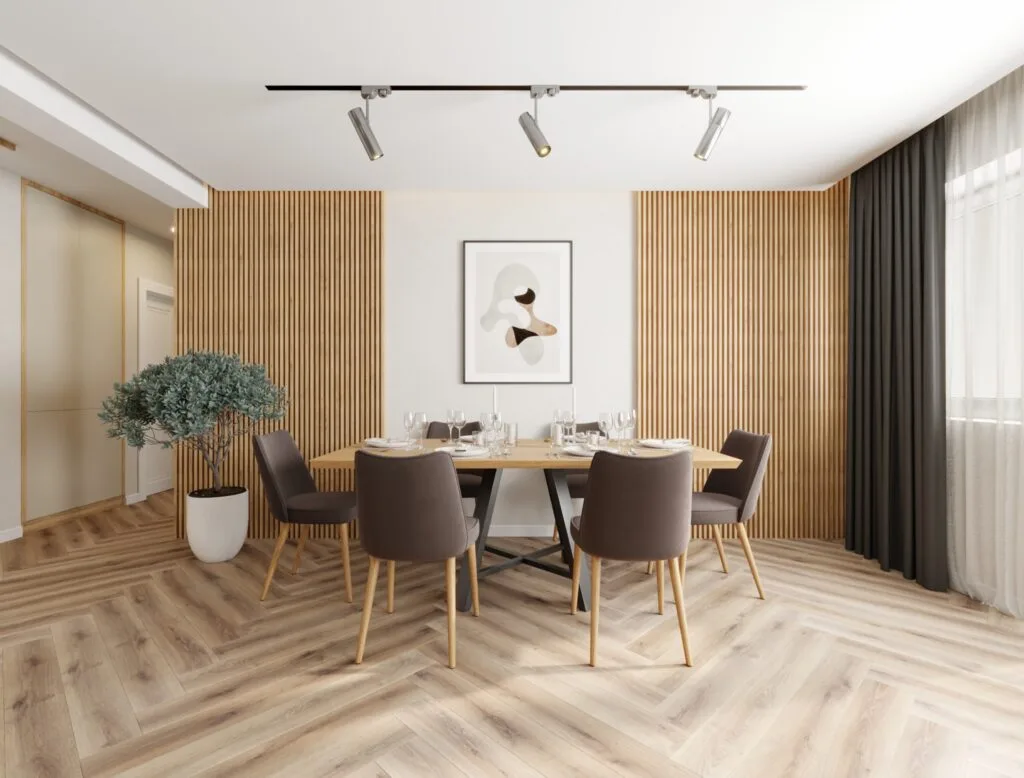 High-quality 3D render of a built-in TV wall with shelving, subtle ambient lighting and textured finishes. Professional interior visualization by Intervibe Studio.