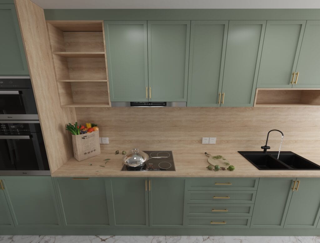 3D visualization of kitchen workspace with sink and wooden backsplash – Intervibe Studio