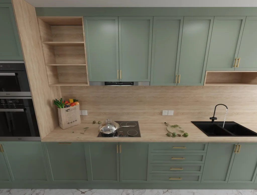 3D visualization of kitchen workspace with sink and wooden backsplash – Intervibe Studio