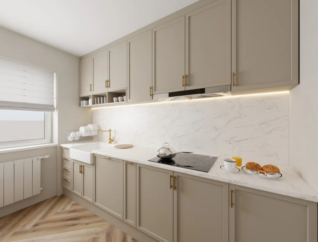 Kitchen visualization with marble backsplash and neutral cabinetry – Intervibe Studio