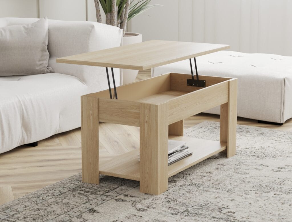 Lift-top wooden coffee table with hidden storage in modern living room – Intervibe Studio render