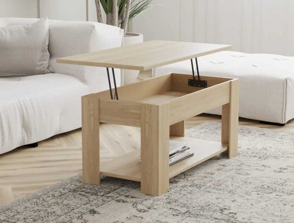 Lift-top wooden coffee table with hidden storage in modern living room – Intervibe Studio render