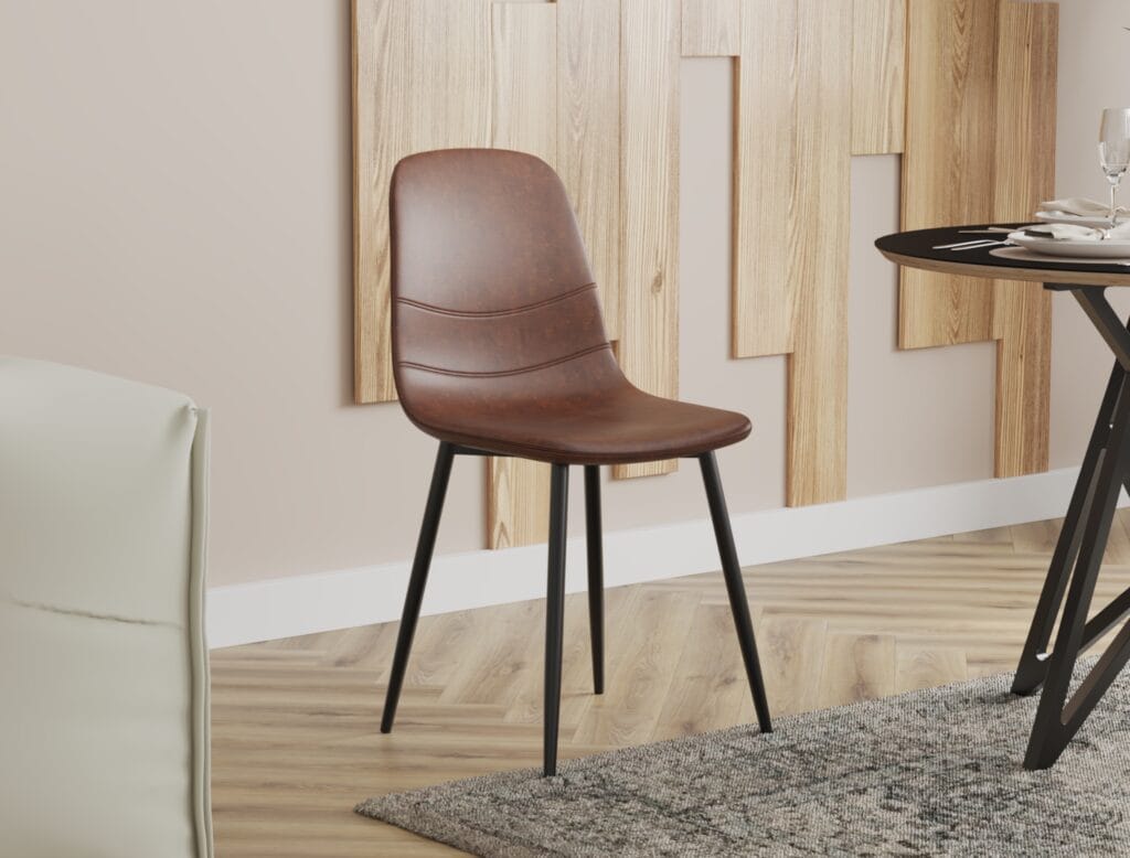 Brown leather upholstered dining chairs in modern dining room – 3D render