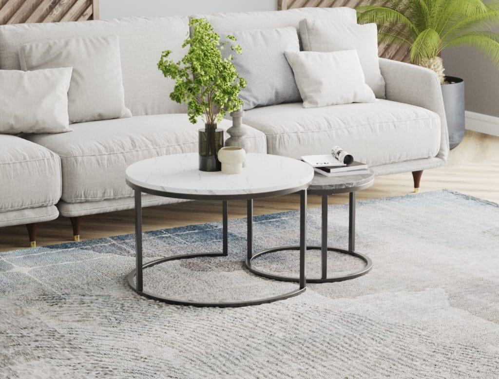 Modern nesting coffee tables with marble finish in living room interior – Intervibe Studio visualization