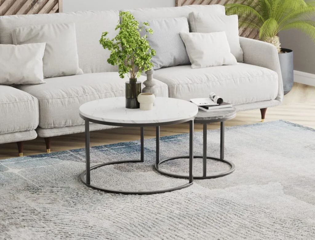 Modern nesting coffee tables with marble finish in living room interior – Intervibe Studio visualization