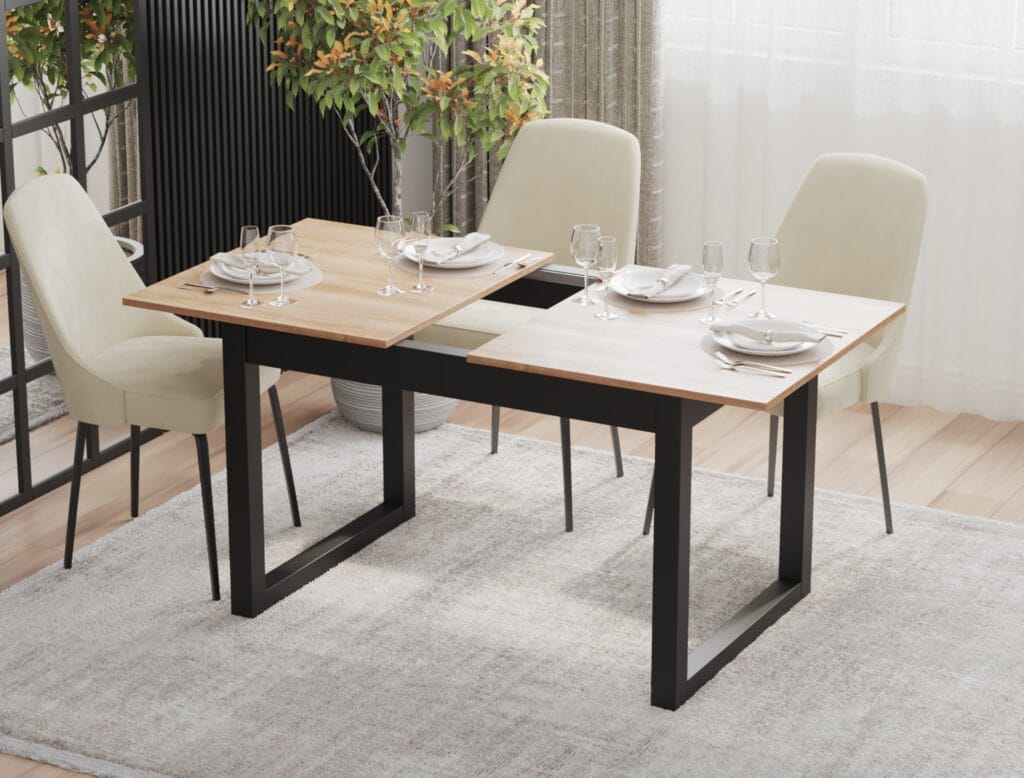 Contemporary wooden dining table with metal base in bright interior – 3D lifestyle render