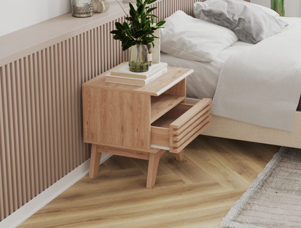 Light oak bedside table with open shelves.