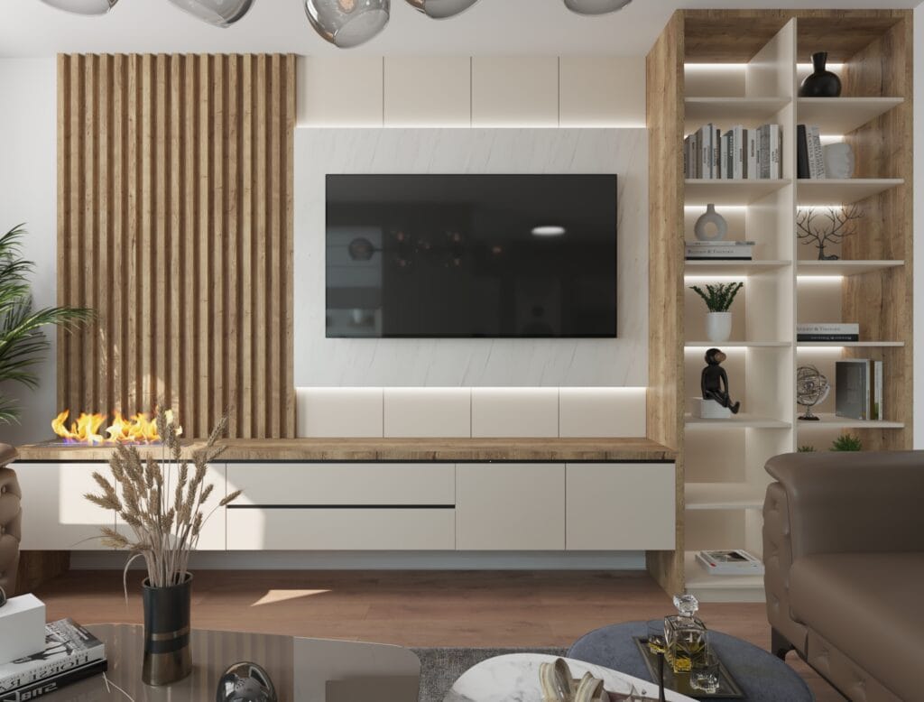 Living room TV wall with wooden slats and modern cabinet – Intervibe Studio visualization