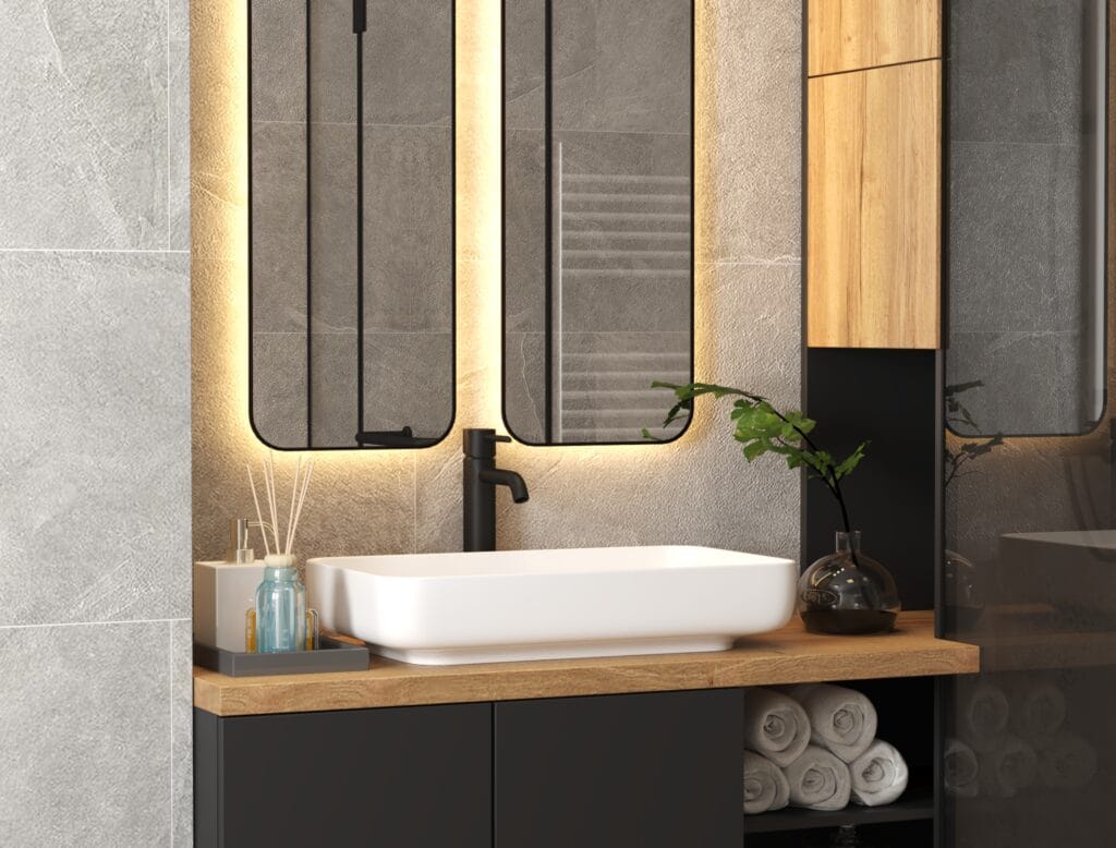 Bathroom vanity with double mirrors, wood details and LED lighting – Intervibe Studio interior design