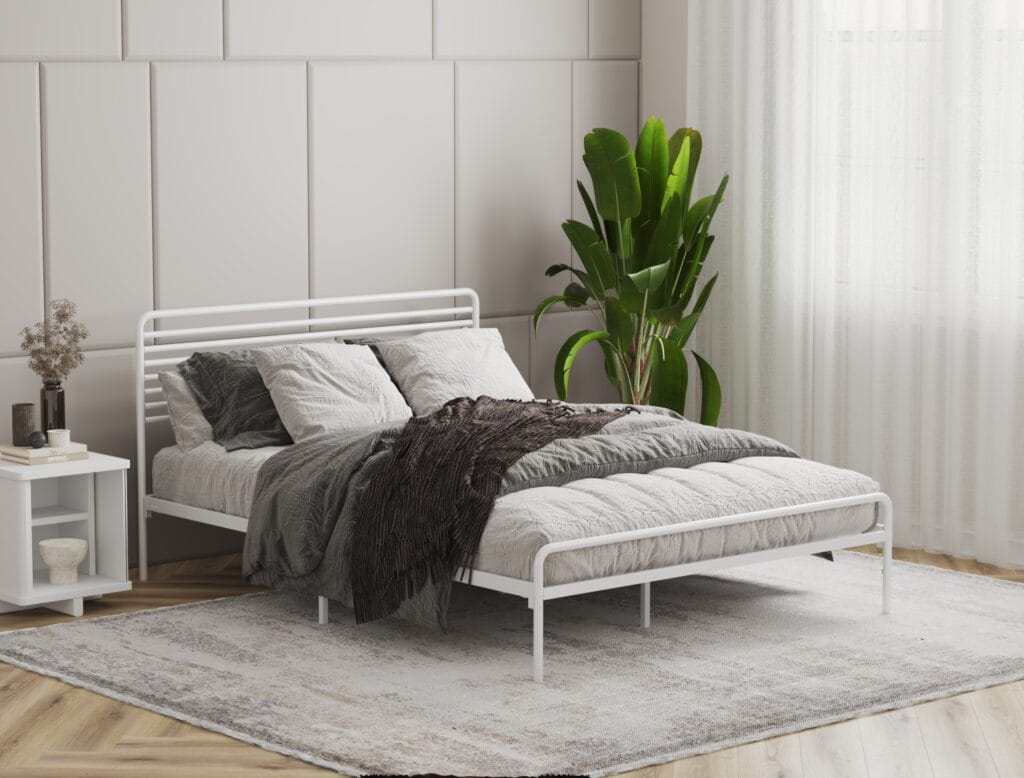 Metal bed frame with minimalist modern design in bedroom interior