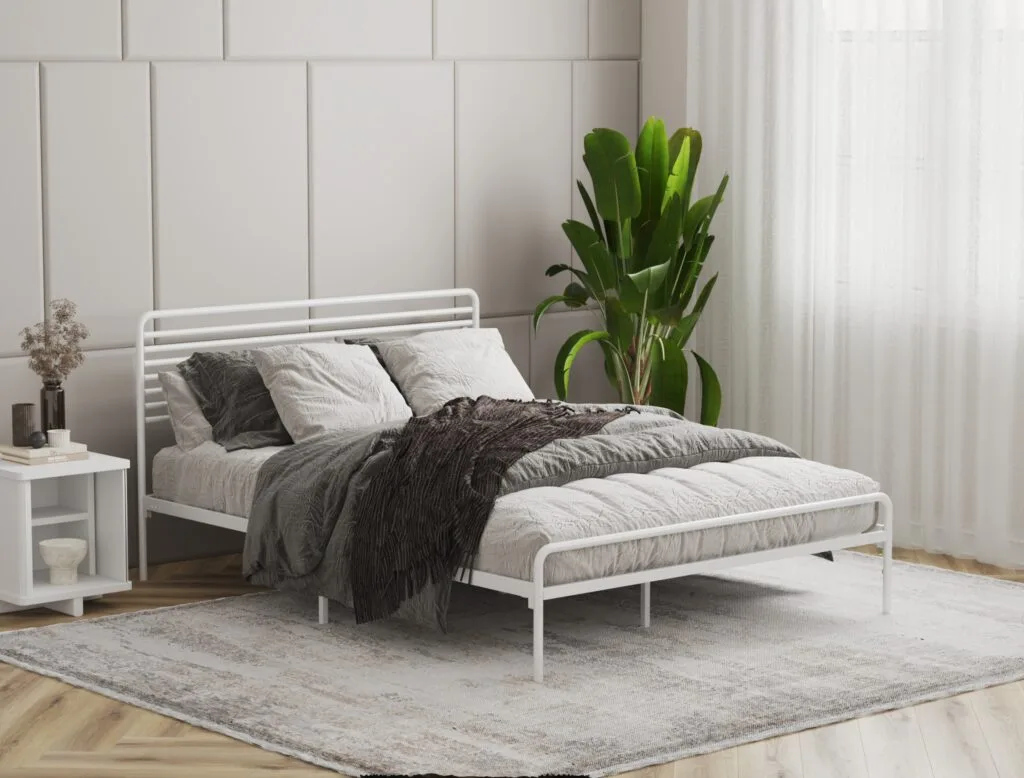 Metal bed frame with minimalist modern design in bedroom interior