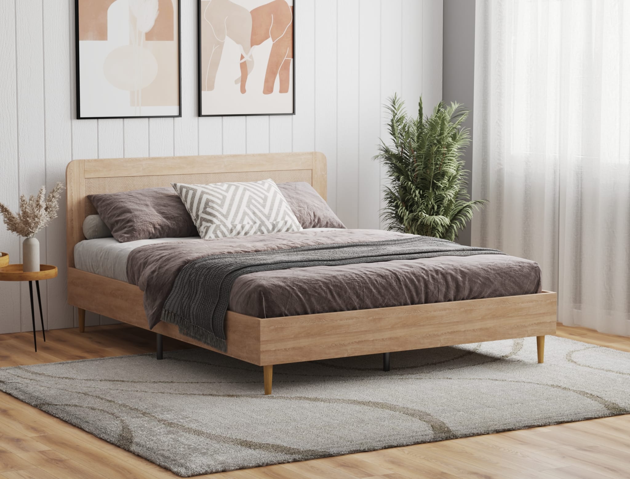 Photorealistic 3D furniture visualization of a minimalist bed frame for an e-commerce catalog