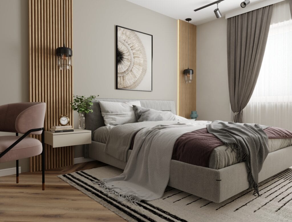 Minimalist bedroom with makeup vanity and round mirror – Intervibe Studio