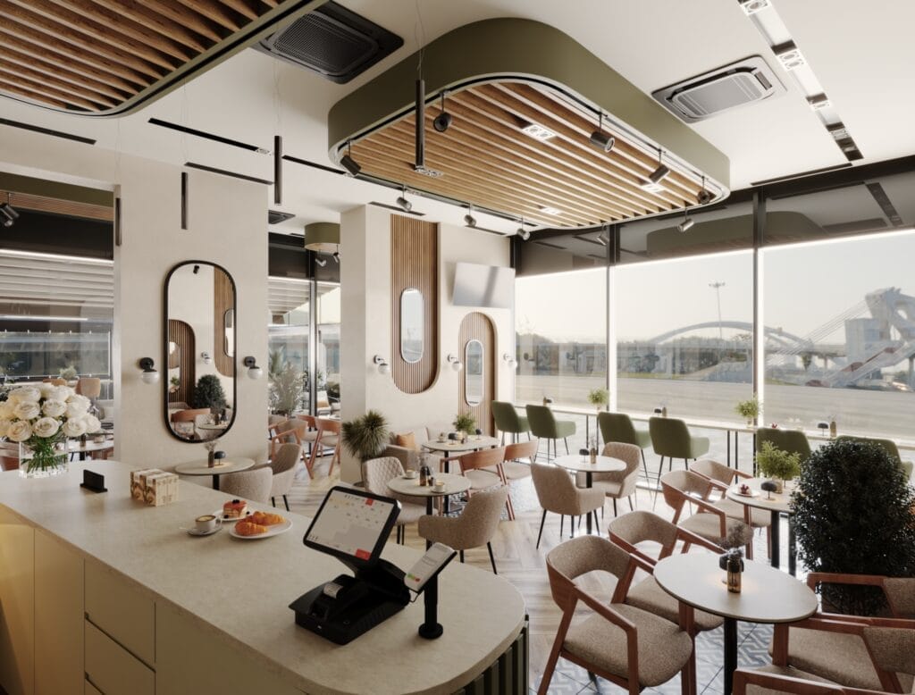 Modern café counter design with wooden ceiling panels and daylight view