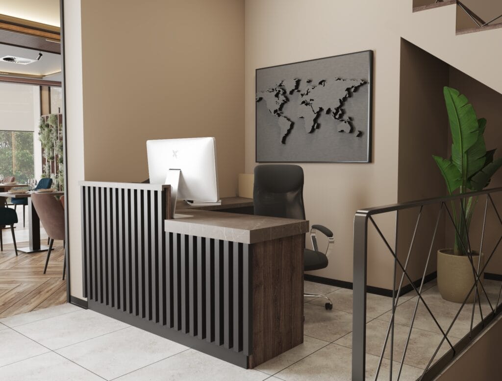 Modern 3D reception desk visualization with wooden slats and minimalist design