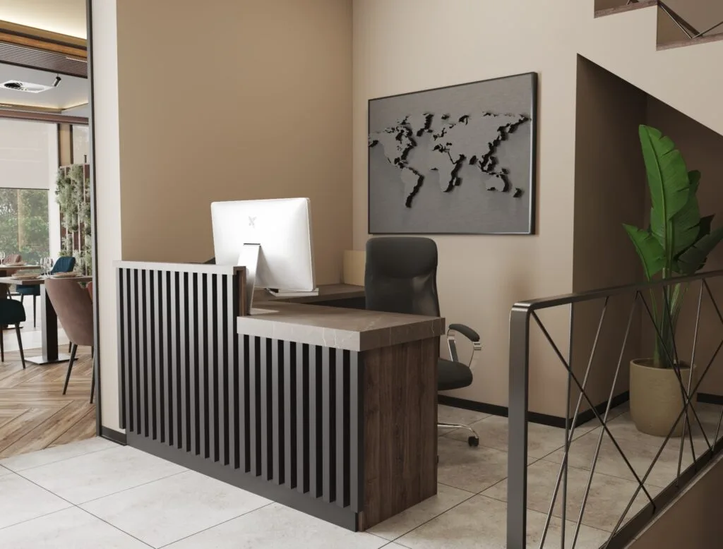 Modern 3D reception desk visualization with wooden slats and minimalist design