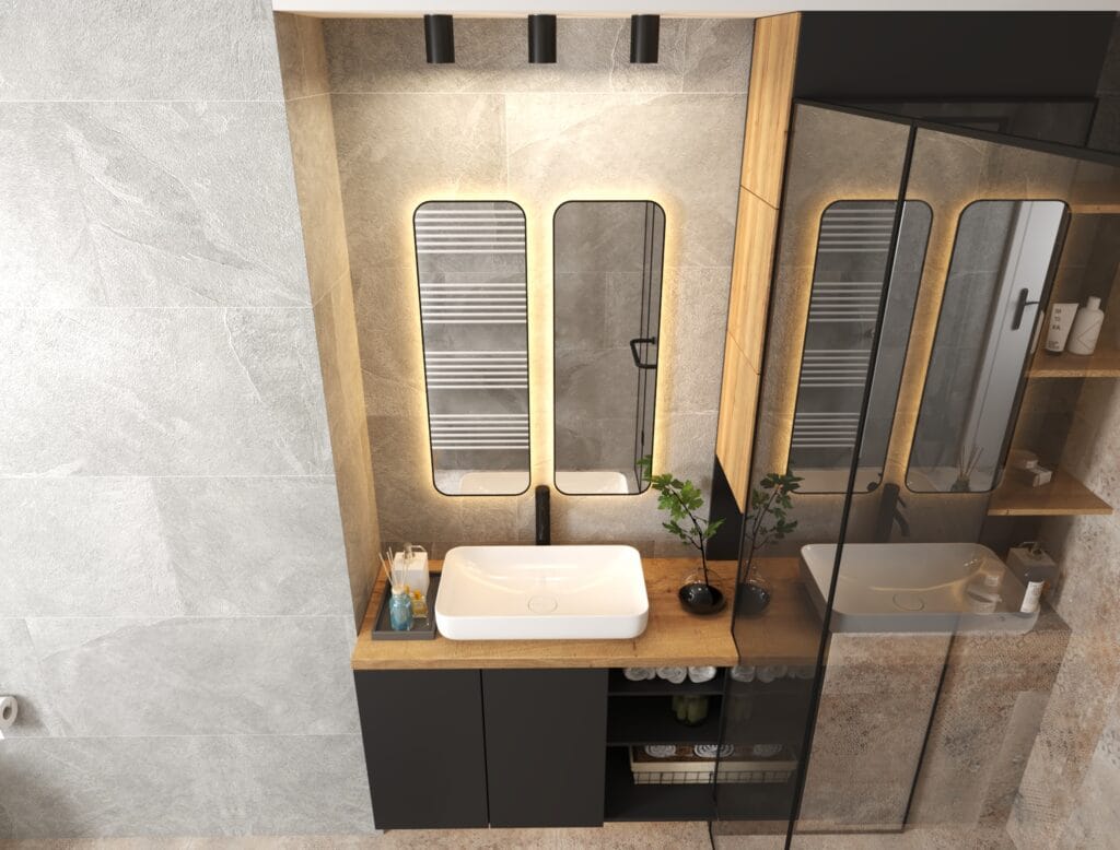Modern bathroom design with gray tiles, wooden vanity and LED mirrors – Intervibe Studio interior visualization